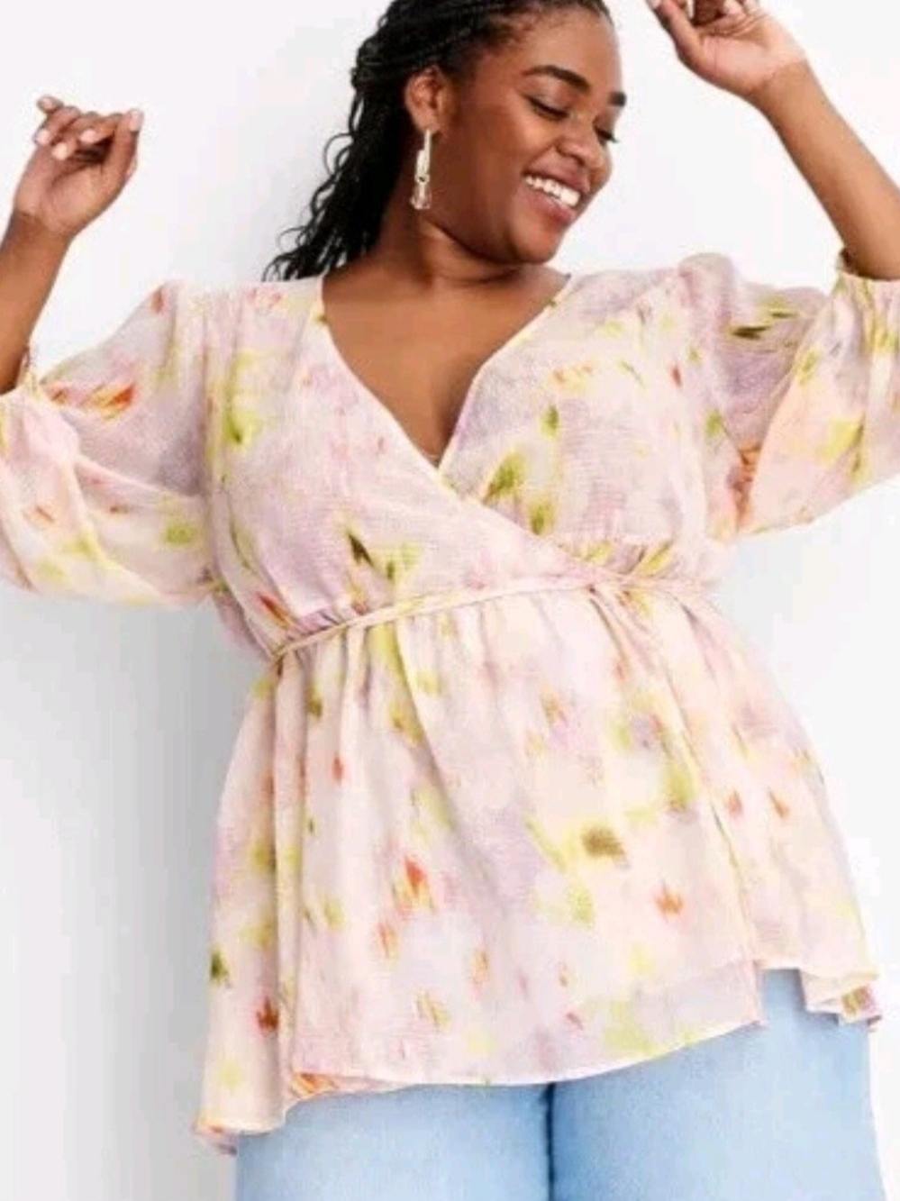 Plus Size Floral Wrap Peplum Tunic - Pink